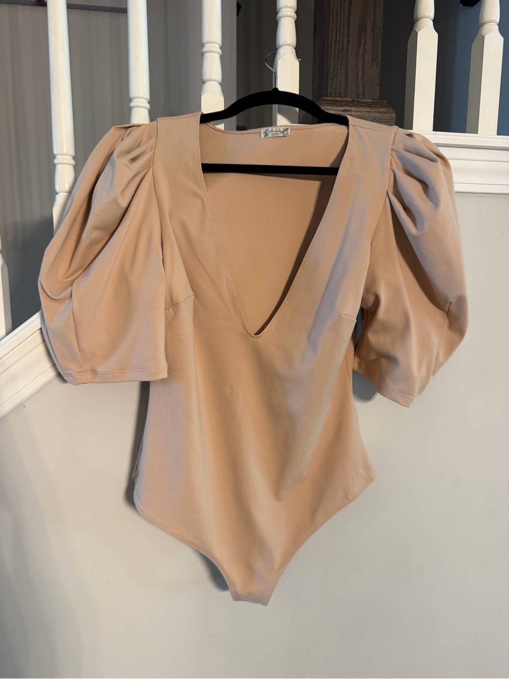 Free People Blush Puff Sleeve Deep V Bodysuit